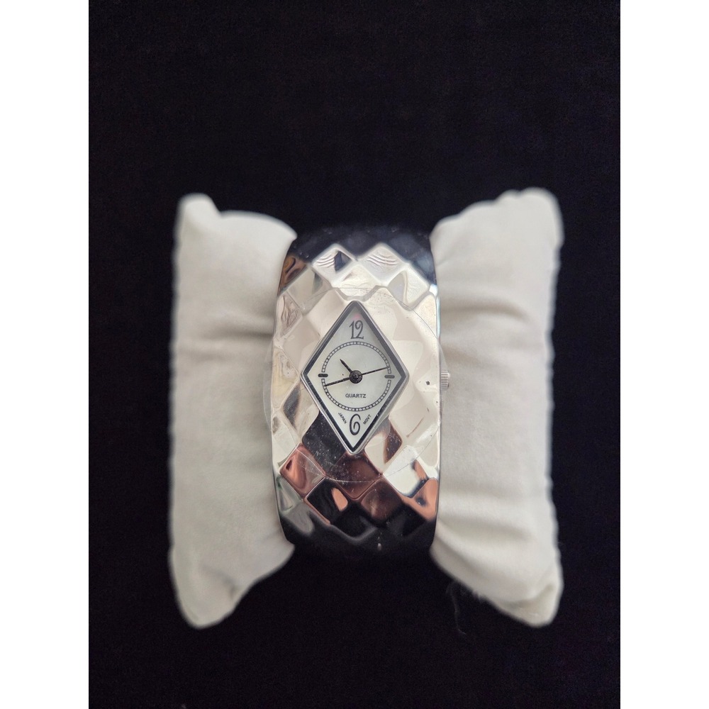 VTG Silver Tone Cuff Bangle Watch Diamond Face Japan Quartz Movement Clamper
